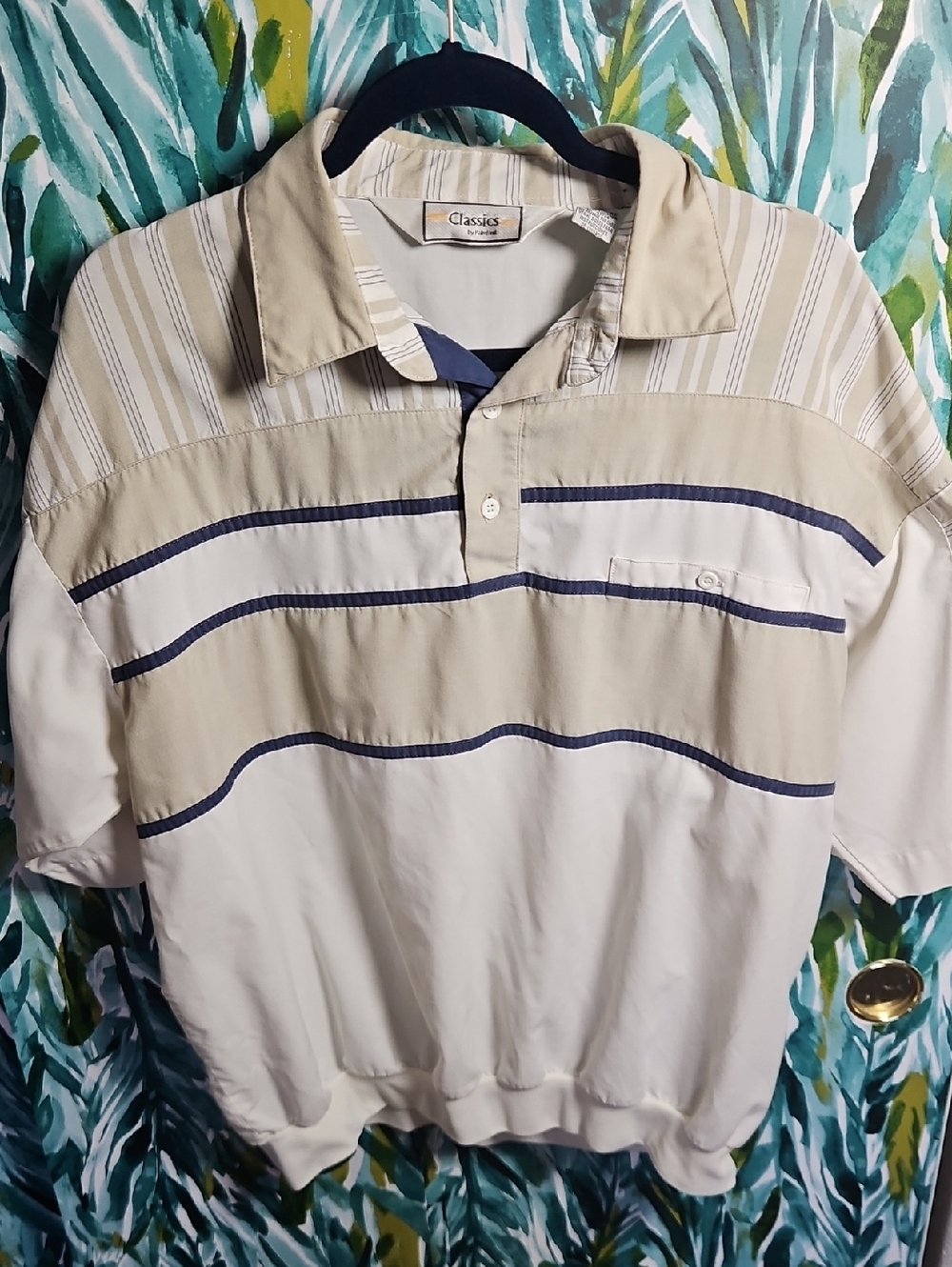 Vintage Classics By Palmland Beige, White and Navy Striped Short-Sleeve Polo